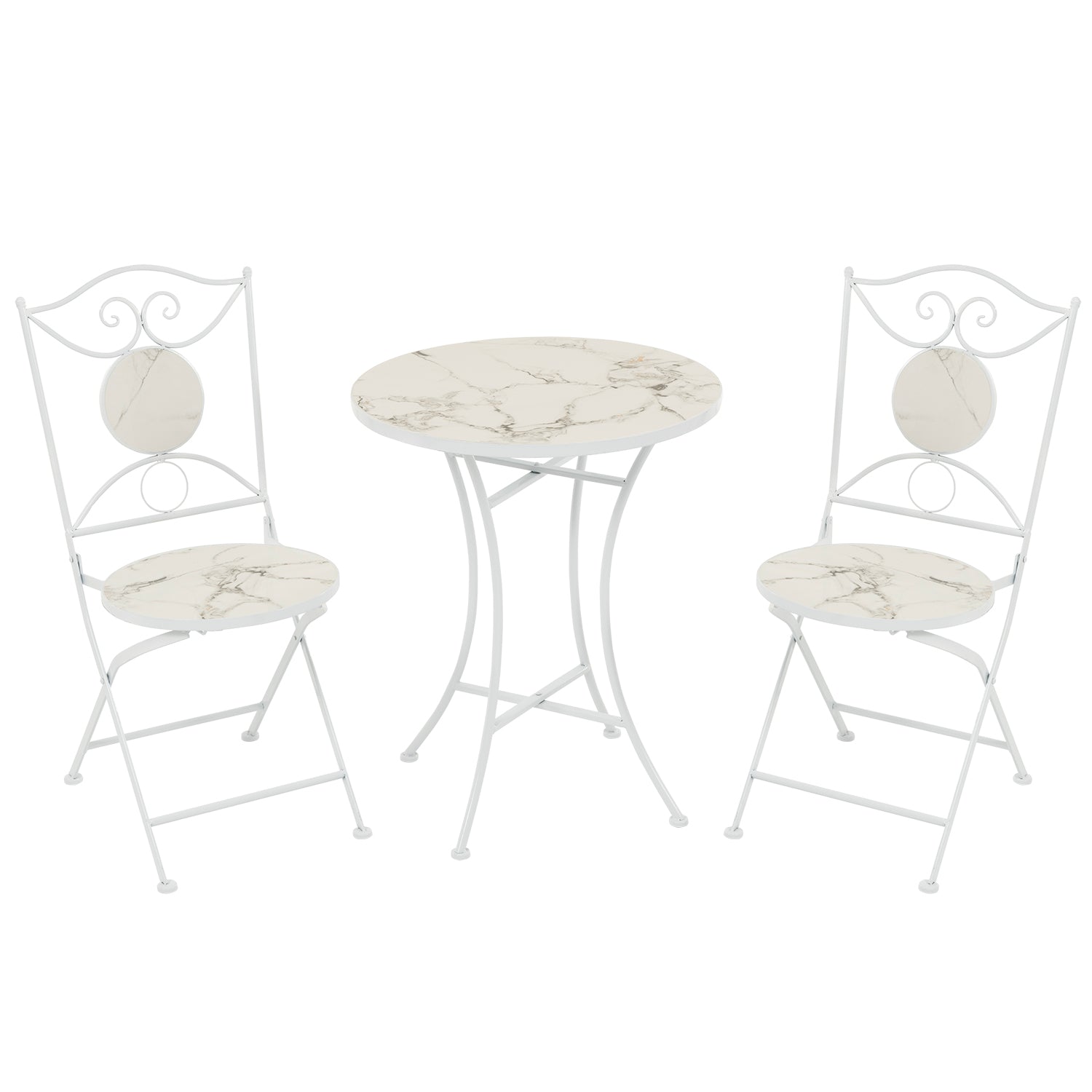 VESTIAMO CASA GIARDINO - Set giardino Bistrot tavolo rotondo 60 cm e 2 sedie in metallo Bianco e Top in ceramica Effetto Marmo Bianco